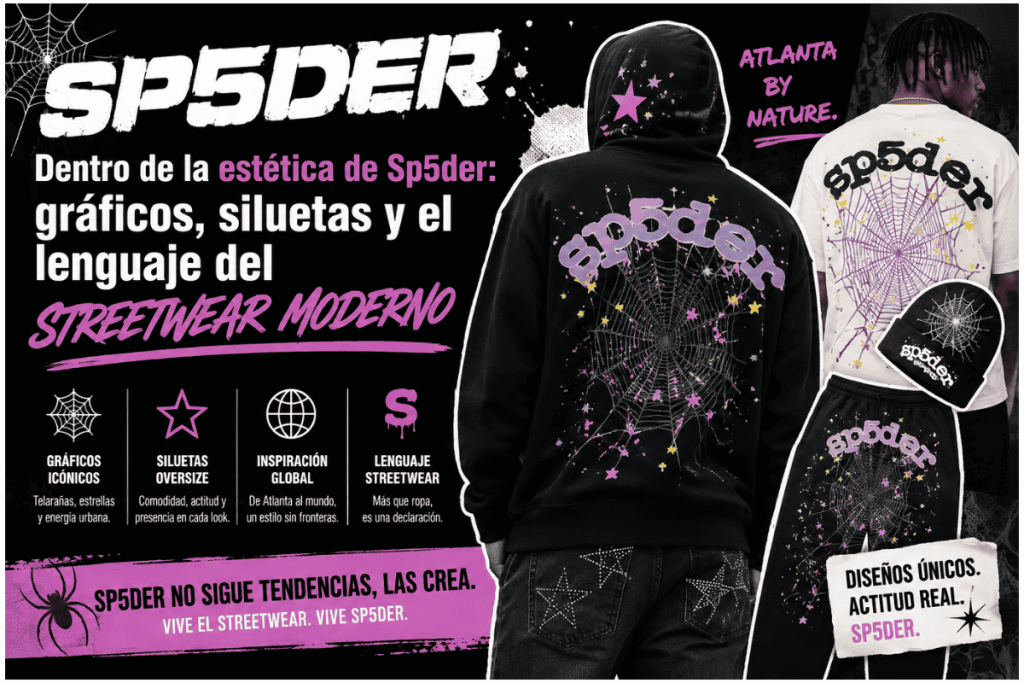 Dentro de la estética de Sp5der gráficos, siluetas y el lenguaje del streetwear moderno