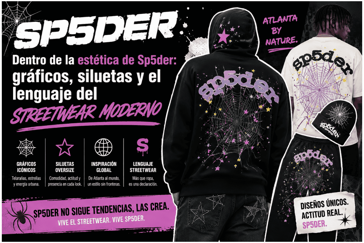 Dentro de la estética de Sp5der gráficos, siluetas y el lenguaje del streetwear moderno